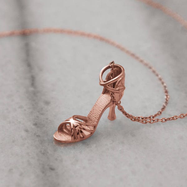 Latin Shoe Necklace, 9K 14K 18K Rose Gold Necklace, Solid Gold Charm, Gold Cable Chain, Dancing Shoe Charm, Gift For Her, Statement Pendant