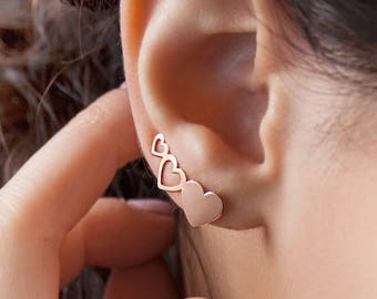 Rose Gold Heart Climbers, 9K 14K 18K Solid Gold Earrings, Romantic Gift for Her, Love Gift