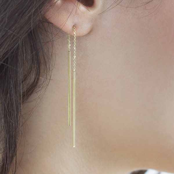 Thin Bar Earrings, Solid Gold Wire Threaders, 9K 14K 18K Yellow Gold Earrings, Gift For Her, Long Gold Chain Dangling Earrings