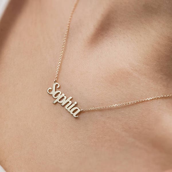 Zierliche Namenskette, 9K 14K 18K Gold Halskette in Gelb Weiß oder Rose, Individueller Name, personalisiertes Geschenk für Sie, Halskette für neue Mama