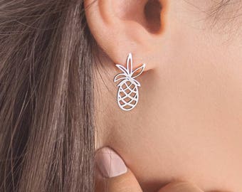 Goldananasohrringe mit einem weißen Diamanten, tropische Ohrstecker, 9K 14K 18K Weißgoldohrringe, kleiner natürlicher Diamant, exotischer Fruchtschmuck