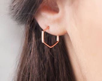 Tiny Hexagon Gold Hoops, Small Geometric Hoop Earrings, 9K 14K 18K Gold Earrings, Rose Gold, Everyday Minimalistic Earrings, Gift For Her