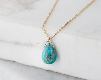Turquoise Birthstone Pendant, Real Gold Necklace, December Birthstone, Natural Stabilized Turquoise Blue Drop, Yellow Gold Chain Necklace