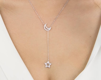 Moon Star Lariat, Diamond Lariat Necklace, Crescent Moon Charm, Real Gold Necklace, Diamond Star Lariat, Lariat Jewelry, Anniversary Gift