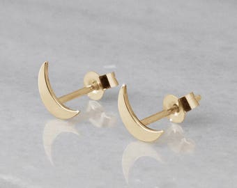 Gold Half Moon Earrings, Tiny Crescent Moon Studs, 9K 14K 18K Gold Earrings, Yellow Gold, Minimal Earrings, Dainty Earrings, Gift For Her