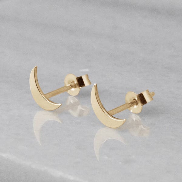 Gold Half Moon Earrings, Tiny Crescent Moon Studs, 9K 14K 18K Gold Earrings, Yellow Gold, Minimal Earrings, Dainty Earrings, Gift For Her