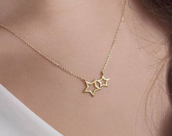 Two Star Necklace, Gold Stars Necklace, Double Dainty Gold Star Charm, 9K 14K 18K Gold Necklace, Yellow Gold, Celestial Jewelry Gift For Her