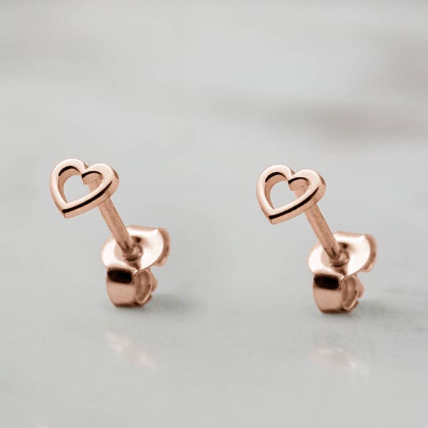 Tiny Heart Stud Earrings, 9K 14K 18K Gold Earrings, Rose Gold, Small Gold Heart Frame, Women's Earrings, Mini Stud Earrings, Girlfriend Gift