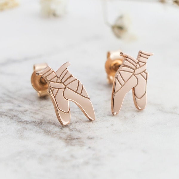 Pink Ballet Shoes Earrings, 9K 14K 18K Solid Gold, Dancing Shoes Studs, Engraved Ballet Studs, Gift for Daughter