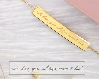 Gold Handwritten Bracelet, 9K 14K 18K Gold Bracelet, Engraved Bar Charm, Personalized Jewelry, Custom Bar Bracelet, Handwriting Gift For Her