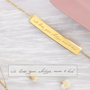 Gold Handwritten Bracelet, 9K 14K 18K Gold Bracelet, Engraved Bar Charm, Personalized Jewelry, Custom Bar Bracelet, Handwriting Gift For Her