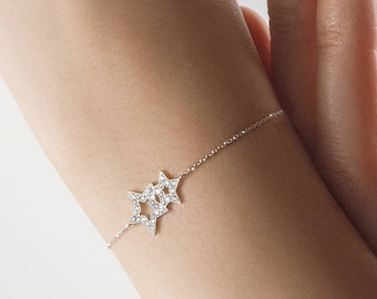 Diamond Two Stars Bracelet, 9K 14K 18K White Gold Bracelet, Diamond Bracelet, Star With Diamonds, Delicate Gift For Women, Double Gold Star