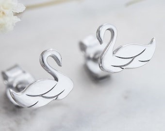 Tiny Gold Swan Stud Earrings, 9K 14K 18K Solid Gold, White Gold, Small Bird Earrings, Bird Jewelry, Love Gift for Women