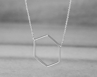 Gold Hexagon Charm Necklace, 9K 14K 18K Gold Necklace, White Gold, Geometric Pendant, Minimalist Jewelry, Gift For Her, Women's Necklace