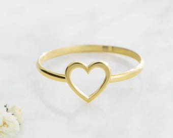 Gold Heart Frame Ring, 9K 14K 18K Gold Ring, Yellow Gold, Delicate Love Band, Romantic Gift For Her, Minimalist Ring, Girlfriend Gift