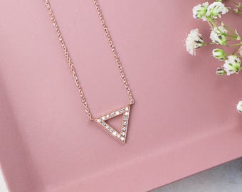 Diamond Triangle Necklace, Gold Triangle Necklace, 9K 14K 18K Rose Gold Necklace, Geometric Diamond Necklace, Gift For Her, Natural Diamond