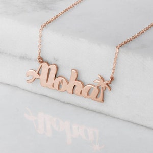 Aloha Charm Necklace, Gold Palm Tree Necklace, Inspirational Necklace, 9K 14K 18K Gold Necklace, Rose Gold, Aloha Pendant, Word Necklace