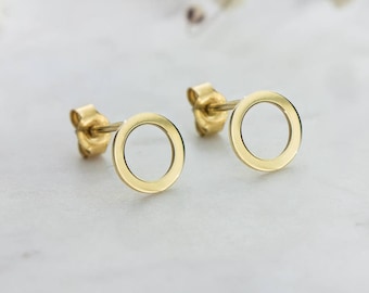 Gold Circle Stud Earrings, Gold Geometric Studs, 9K 14K 18K Yellow Gold Earrings, Minimalist Dainty Earrings, Everyday Gift For Women