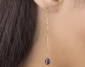 Sapphire Drop Threaders, Sapphire Birthstone Earrings, 9K 14K 18K Gold Earrings, Yellow Gold, September Birthstone, Gold Chain Earrings