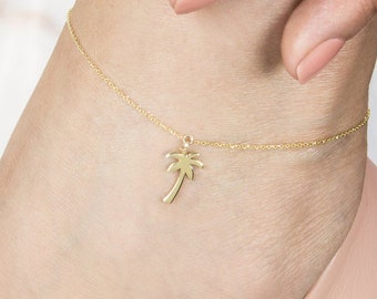 Tiny Palm Tree Anklet, 9K 14K 18K Solid Gold, Yellow White or Rose, Summer Gift For Her, Beach Charm Anklet, Tropical Jewelry, Adjustable