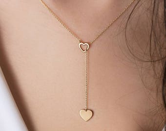 Heart Lariat Necklace, Real Gold Necklace, Lariat Jewelry, Yellow Gold, Gold Heart necklace, Valentine's Day gift, Gift for gf