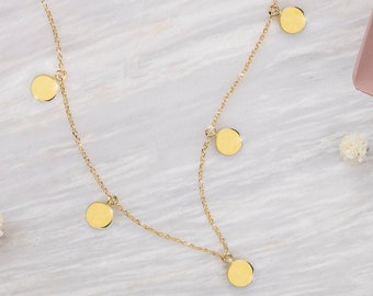 Tiny Disc Charms Necklace, 9K 14K 18K Yellow Gold Necklace, Multi Circle Charms, Dangling Drop Necklace, Layering Jewelry, Gift For Her
