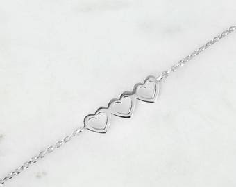 Triple Heart Bracelet, 9K 14K 18K White Gold Bracelet, Three Gold Hearts, Dainty Romantic Bracelet, Tiny Heart Charm, Love Gift For Her