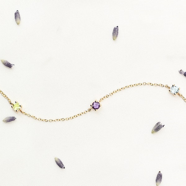 Multi-Stone Bracelet with Amethyst Swiss Blue Topaz and Peridot, 9K 14K 18K Solid Gold in Yellow White or Rose, Dainty Jewelry Gift for Her