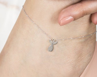 Tiny Mermaid Tail Anklet, 9K 14K 18K White Gold Anklet, Fairy Tale Summer Anklet, Solid Gold Beach Charm, Gift For Daughter, Mermaid Jewelry