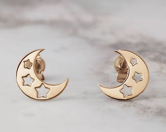 Half Moon with Stars Earrings, Crescent Studs, 9K 14K 18K Solid Gold, Women's Gift, Celestial Jewelry