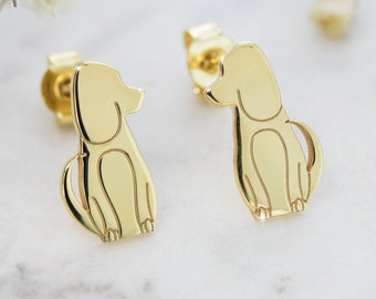 Gold Dog Stud Earrings, Engraved Dog, 9K 14K 18K Gold Earrings, Yellow Gold, Best Friend Dog Studs, Solid Gold, Pet Jewelry, Gift For Her