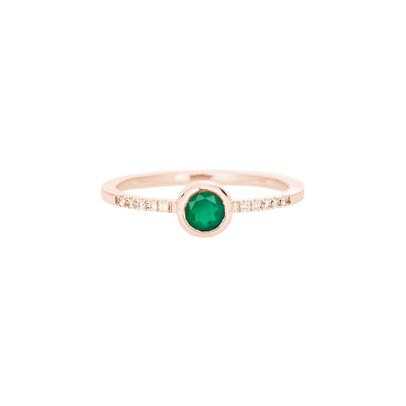 Round Green Agate and Diamond Ring, 9K 14K 18K Solid Gold Ring, Diamond Wedding Band image 5