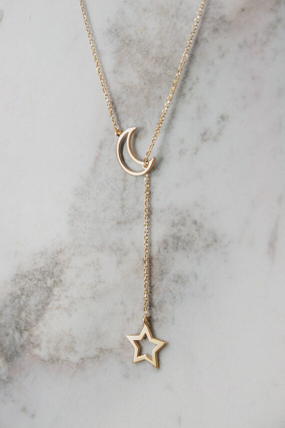 Moon and Star Necklace Gold Lariat Necklace Lariat Jewelry