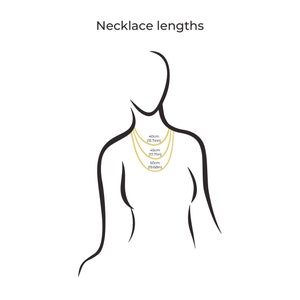 Op de afbeelding: Diagram met verschillende kettinglengtes op de nek van een persoon. De lengtes zijn 40 cm (15,74 inch), 45 cm (17,71 inch) en 50 cm (19,68 inch).