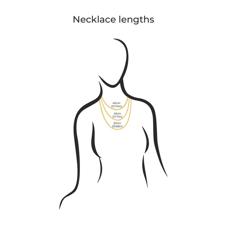 Op de afbeelding: Diagram met verschillende kettinglengtes op de nek van een persoon. De lengtes zijn 40 cm (15,74 inch), 45 cm (17,71 inch) en 50 cm (19,68 inch).