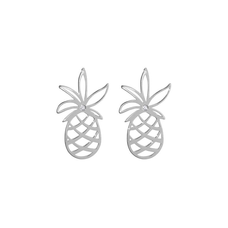 Gold Pineapple Earrings with a White Diamond, Tropical Studs, 9K 14K 18K White Gold Earrings, Tiny Natural Diamond, Exotic Fruit Jewelry image 4