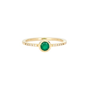Round Green Agate and Diamond Ring, 9K 14K 18K Solid Gold Ring, Diamond Wedding Band image 3