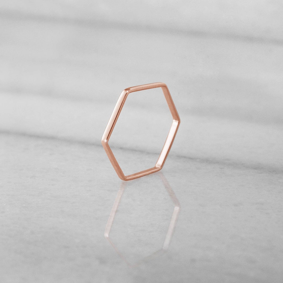 Thin Hexagon Wedding Band, 9Κ 14K 18Κ Gold Ring, Rose Gold Wedding Band ...