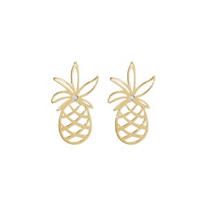 Gold Pineapple Earrings with a White Diamond, Tropical Studs, 9K 14K 18K White Gold Earrings, Tiny Natural Diamond, Exotic Fruit Jewelry image 5