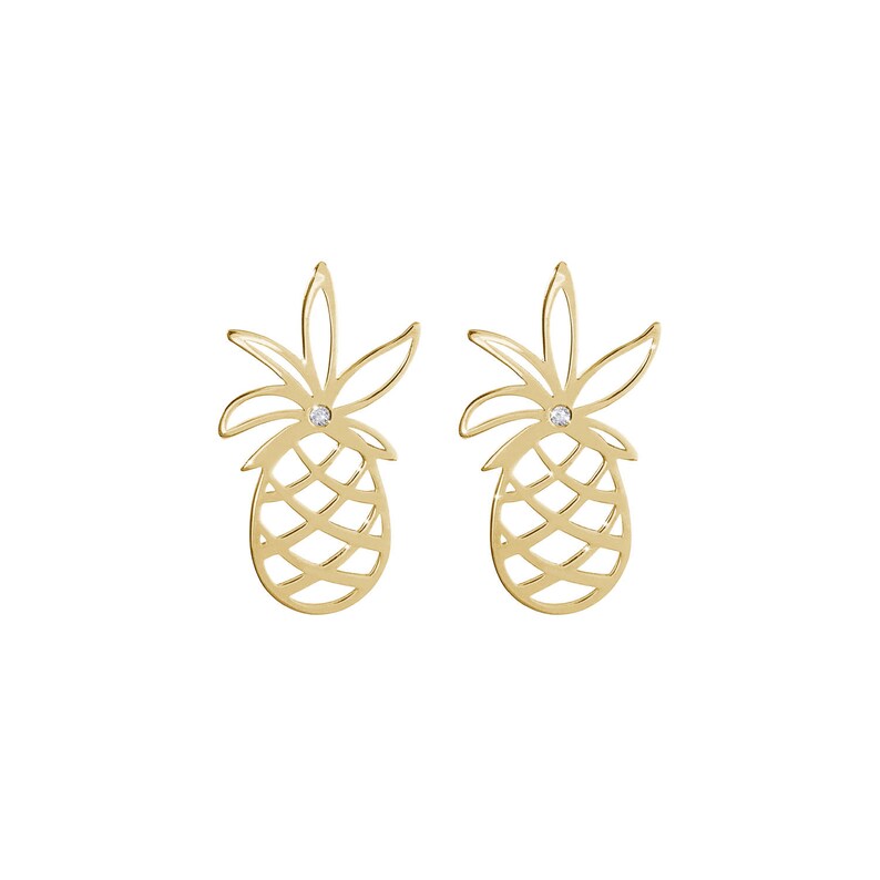 Gold Pineapple Earrings with a White Diamond, Tropical Studs, 9K 14K 18K White Gold Earrings, Tiny Natural Diamond, Exotic Fruit Jewelry image 5