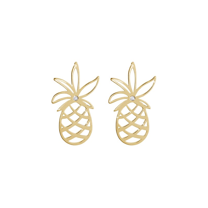 Pendientes de piña de oro con un diamante blanco, tachuelas tropicales, pendientes de oro blanco 9K 14K 18K, diamante natural diminuto, joyas de frutas exóticas imagen 5