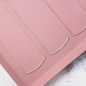 Diamond Gold Bar, 9K 14K 18K Yellow Gold Necklace, Diamond Necklace, Gold Bar Necklace, White Diamond Bar, Gold Curved Bar, Gift For Women image 3