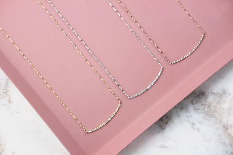 Diamond Gold Bar, 9K 14K 18K Yellow Gold Necklace, Diamond Necklace, Gold Bar Necklace, White Diamond Bar, Gold Curved Bar, Gift For Women image 3