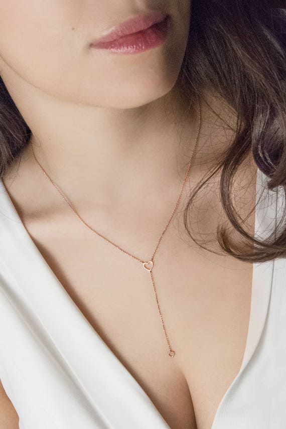 Rose Gold Heart Necklace Gold Y Necklace 9K 14K 18K Gold