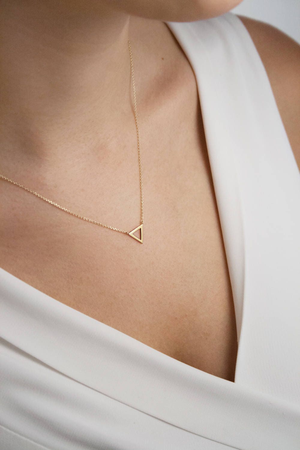 Tiny Triangle Charm, 9K 14K 18K Gold Necklace, Yellow White or