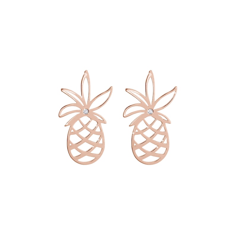 Gold Pineapple Earrings with a White Diamond, Tropical Studs, 9K 14K 18K White Gold Earrings, Tiny Natural Diamond, Exotic Fruit Jewelry image 6