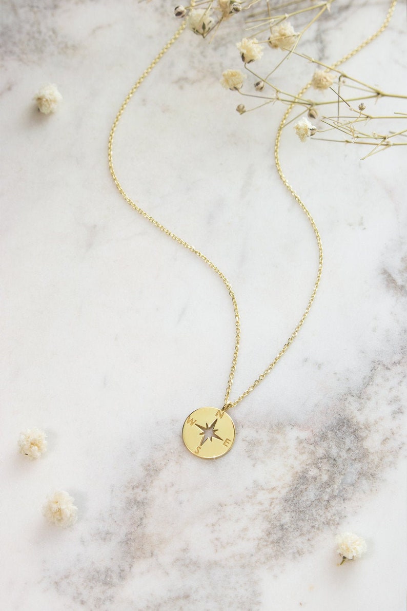 Dainty Compass Charm, 9K 14K 18K Gold Necklace, Yellow Gold, Solid Gold Disc Pendant, Nautical Jewelry, Travel Charm, Engraved Gift For Her 