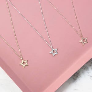 Gold Diamond Star Charm, 9K 14K 18K Yellow Gold Necklace, White Natural Diamond Pendant, Solid Gold Celestial Jewelry, Romantic Gift For Her image 3