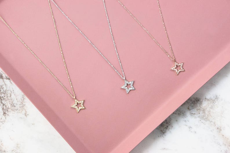 Gold Diamond Star Charm, 9K 14K 18K Yellow Gold Necklace, White Natural Diamond Pendant, Solid Gold Celestial Jewelry, Romantic Gift For Her image 3