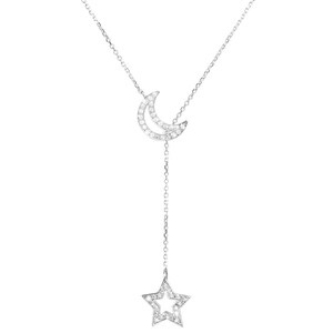 Moon Star Lariat, Diamond Lariat Necklace, Crescent Moon Charm, Real Gold Necklace, Diamond Star Lariat, Lariat Jewelry, Anniversary Gift image 2